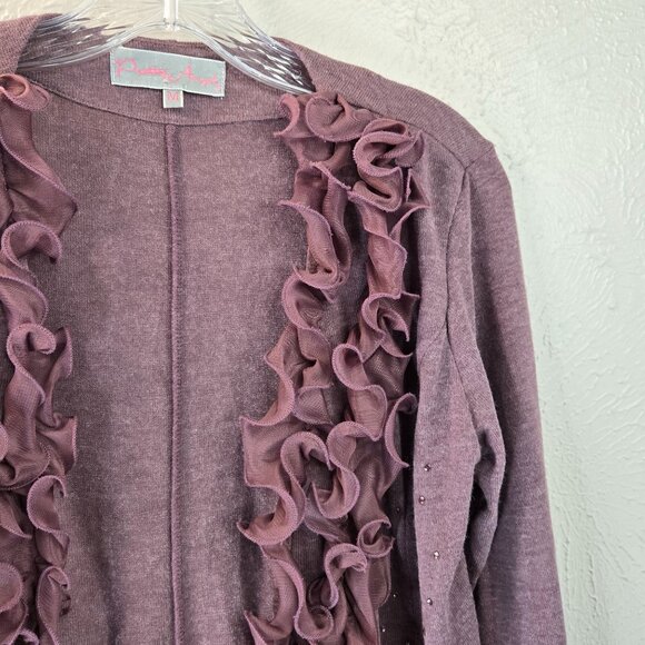Fairycore Ruffle Cardigan M Purple Lace Bow Rhinestone Y2K Whimsigoth Sweater - Picture 10 of 13